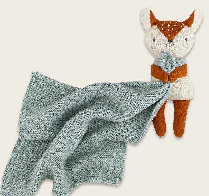 Kuscheltuch groß mit Reh, rehbraun/blau