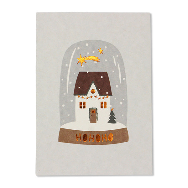 Postkarte Schneekugel mit Haus Hohoho