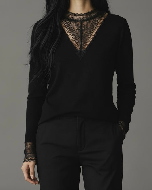 Langarmshirt Schwarz Spitze